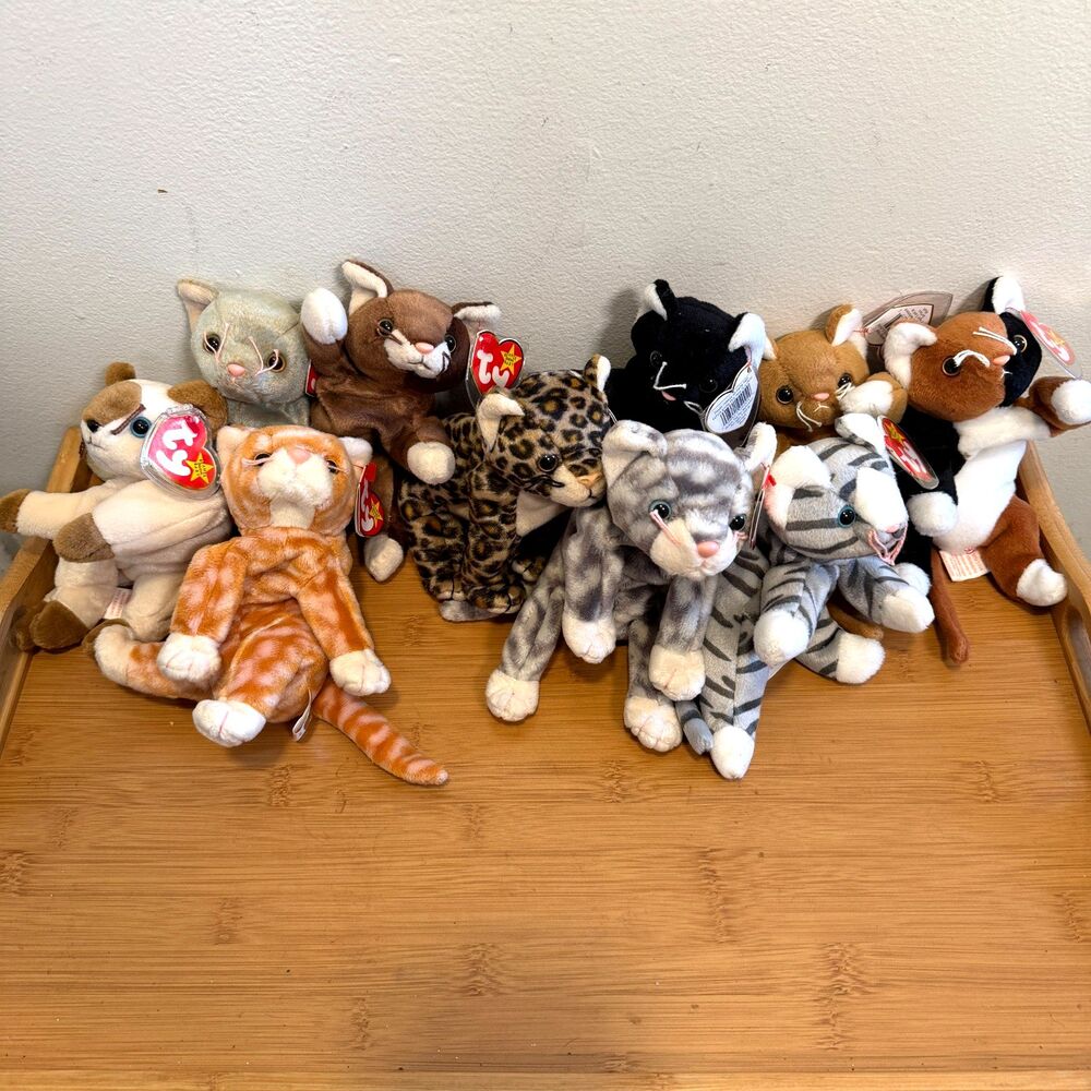 Ty Beanie Babies Cat Lot of 10 Plush w/ Hang Tags Mixed Cats Retired Collectible